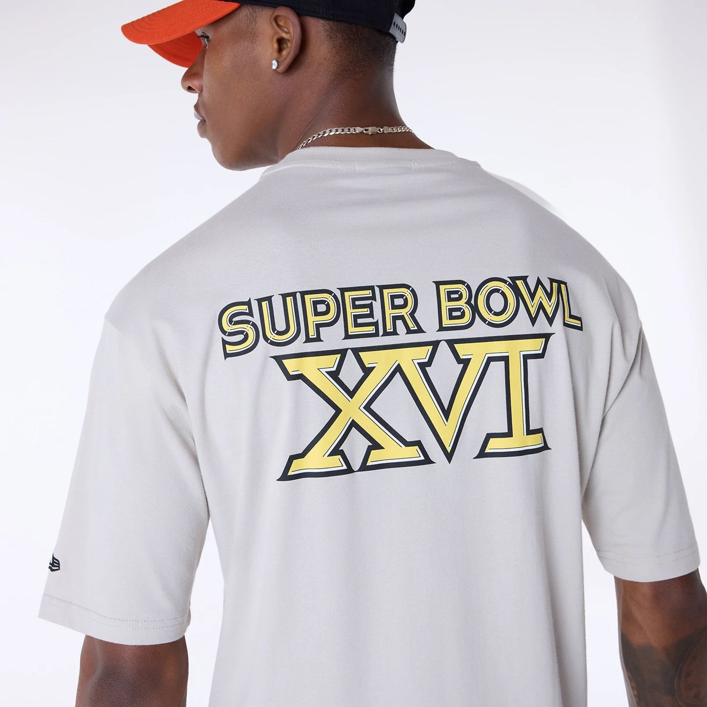 The Male model is wearing Cincinnati Bengals Super Bowl Graphic Cream Oversized T-Shirt 7