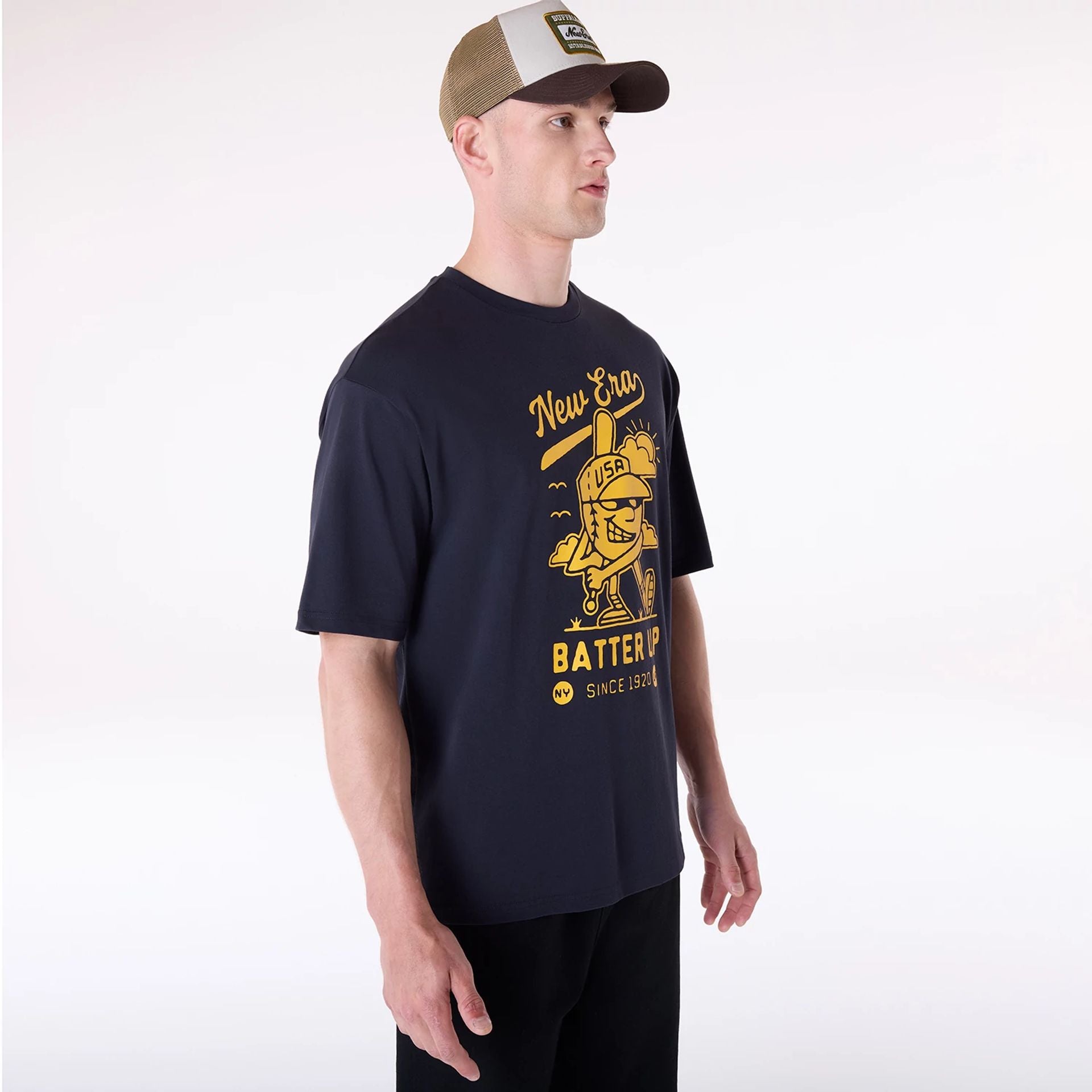 The Male model is wearing New Era Baseball Graphic Navy T-Shirt 4