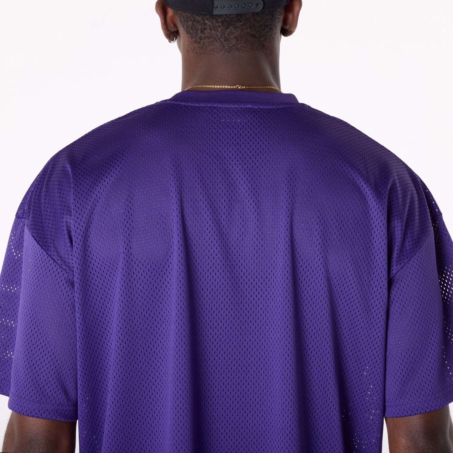 The Male model is wearing LA Lakers NBA Graphic Purple Mesh T-Shirt 5