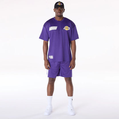 The Male model is wearing LA Lakers NBA Graphic Purple Mesh T-Shirt 3