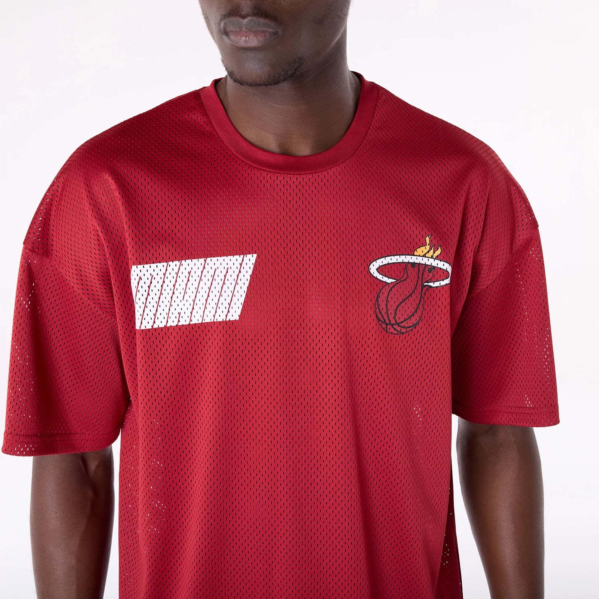 The Male model is wearing Miami Heat NBA Graphic Dark Red Mesh T-Shirt 8