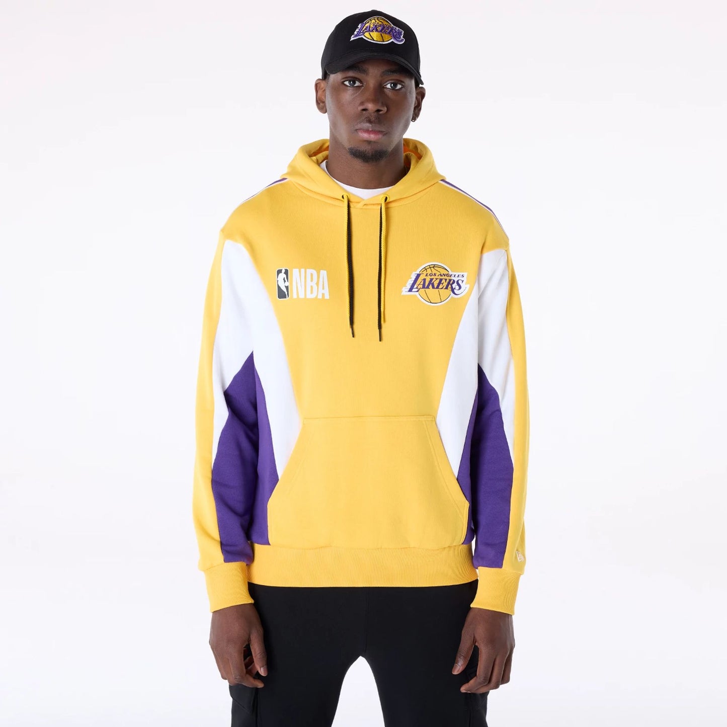 The Male model is wearing LA Lakers NBA Graphic Yellow Oversized Pullover Hoodie 1