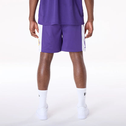 The Male model is wearing LA Lakers NBA Graphic Purple Mesh Shorts 7