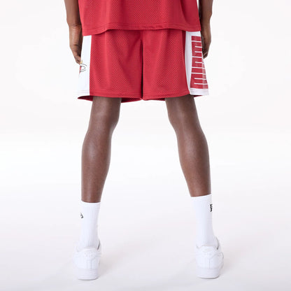 The Male model is wearing Miami Heat NBA Graphic Dark Red Mesh Shorts 7