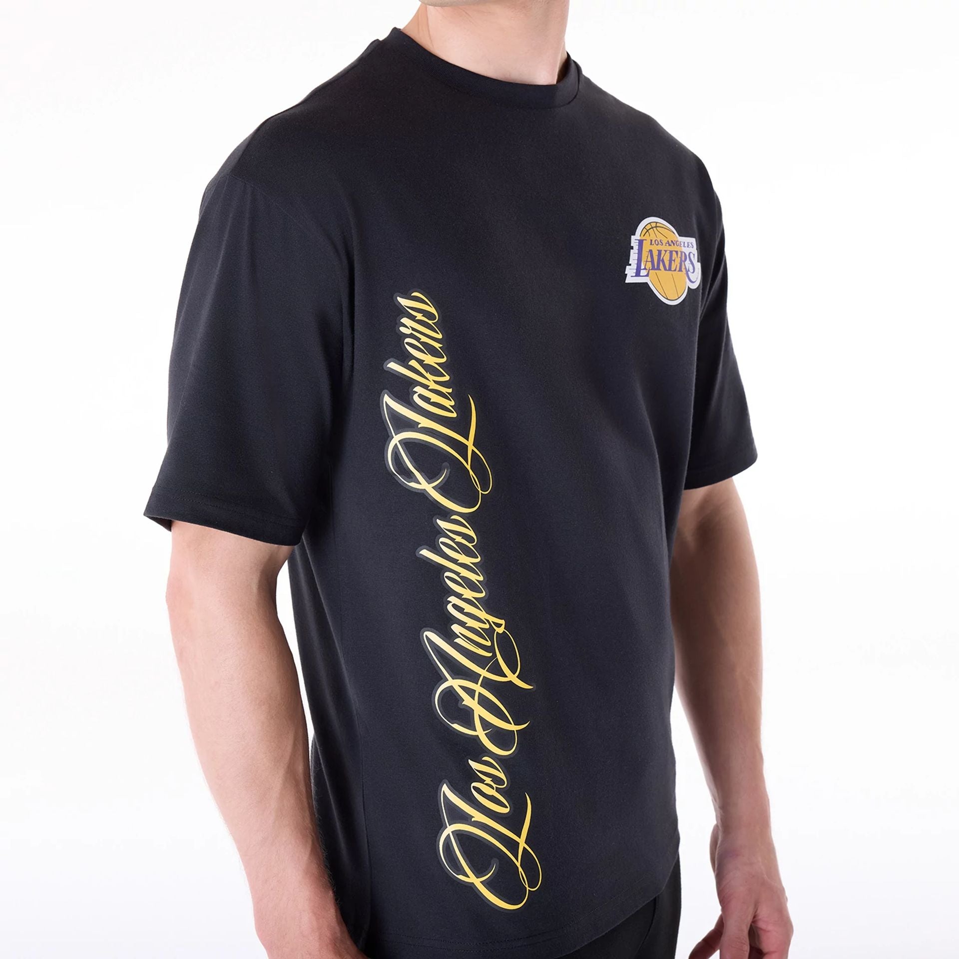 The Male model is wearing LA Lakers NBA Font Graphic Black T-Shirt 7