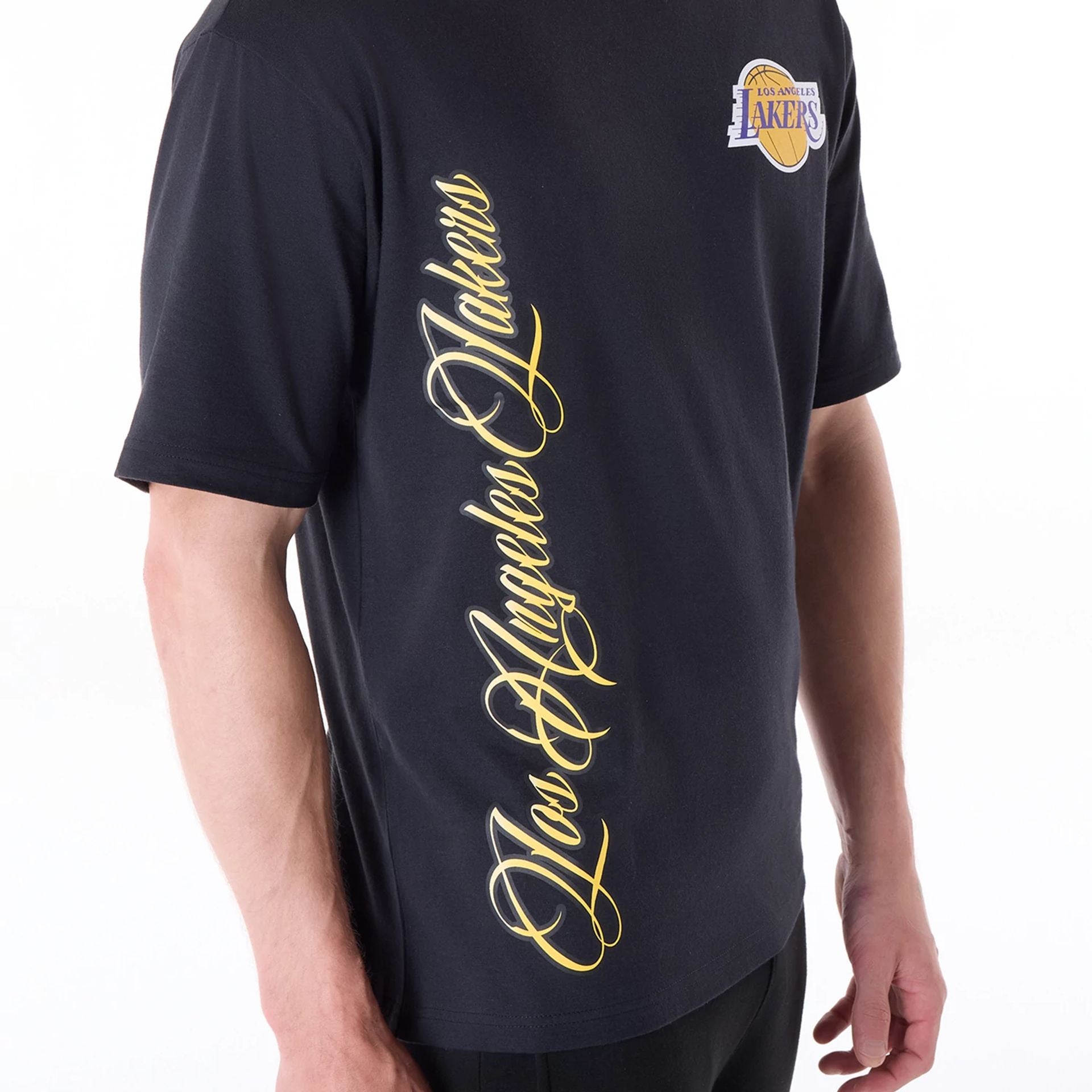 The Male model is wearing LA Lakers NBA Font Graphic Black T-Shirt 3