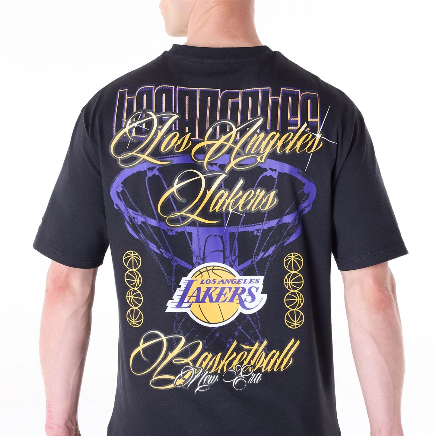 The Male model is wearing LA Lakers NBA Font Graphic Black T-Shirt 4