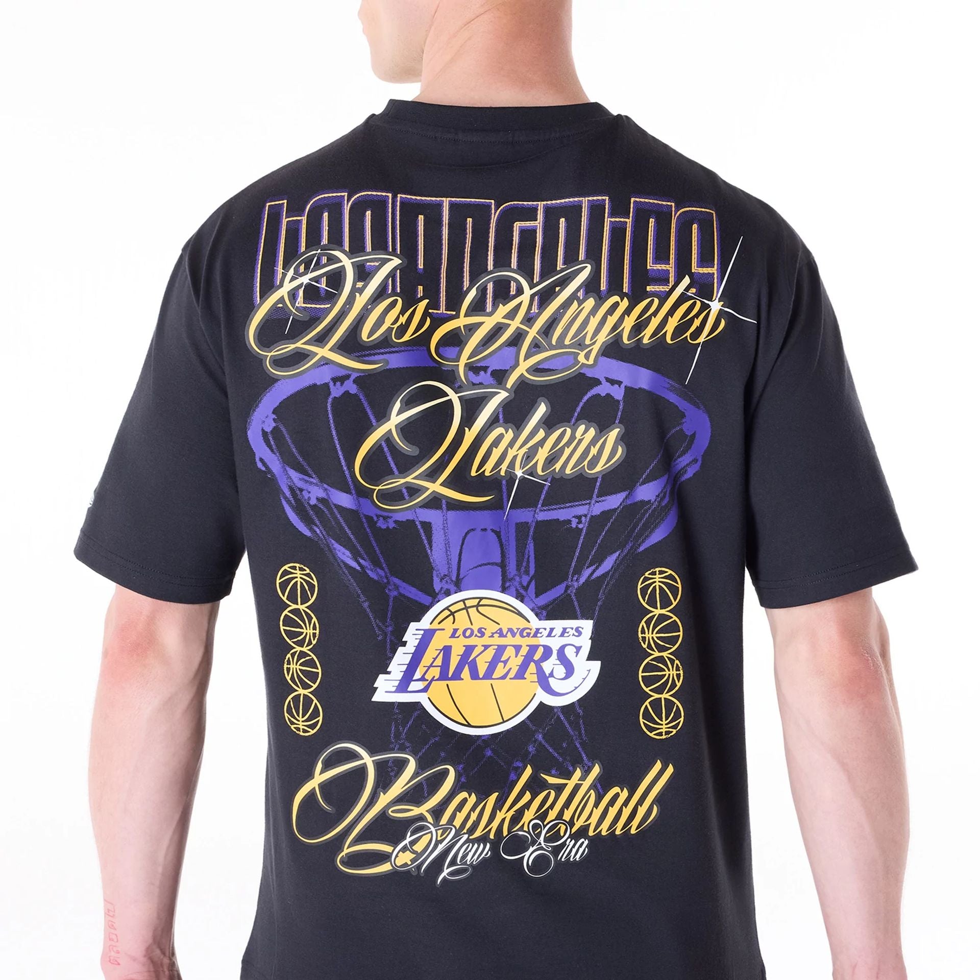 The Male model is wearing LA Lakers NBA Font Graphic Black T-Shirt 4