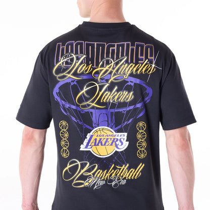 The Male model is wearing LA Lakers NBA Font Graphic Black T-Shirt 4