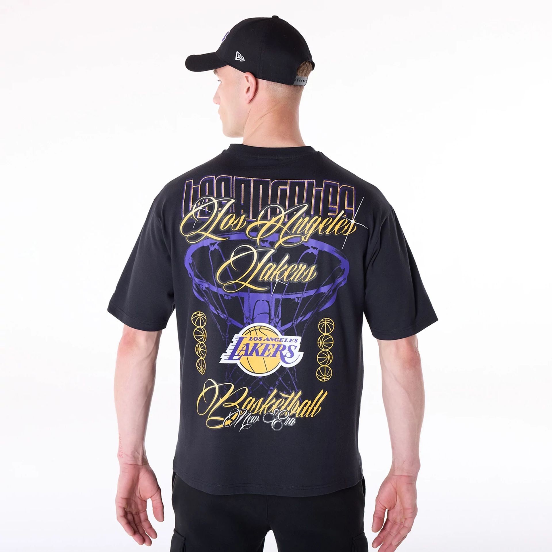 The Male model is wearing LA Lakers NBA Font Graphic Black T-Shirt 2