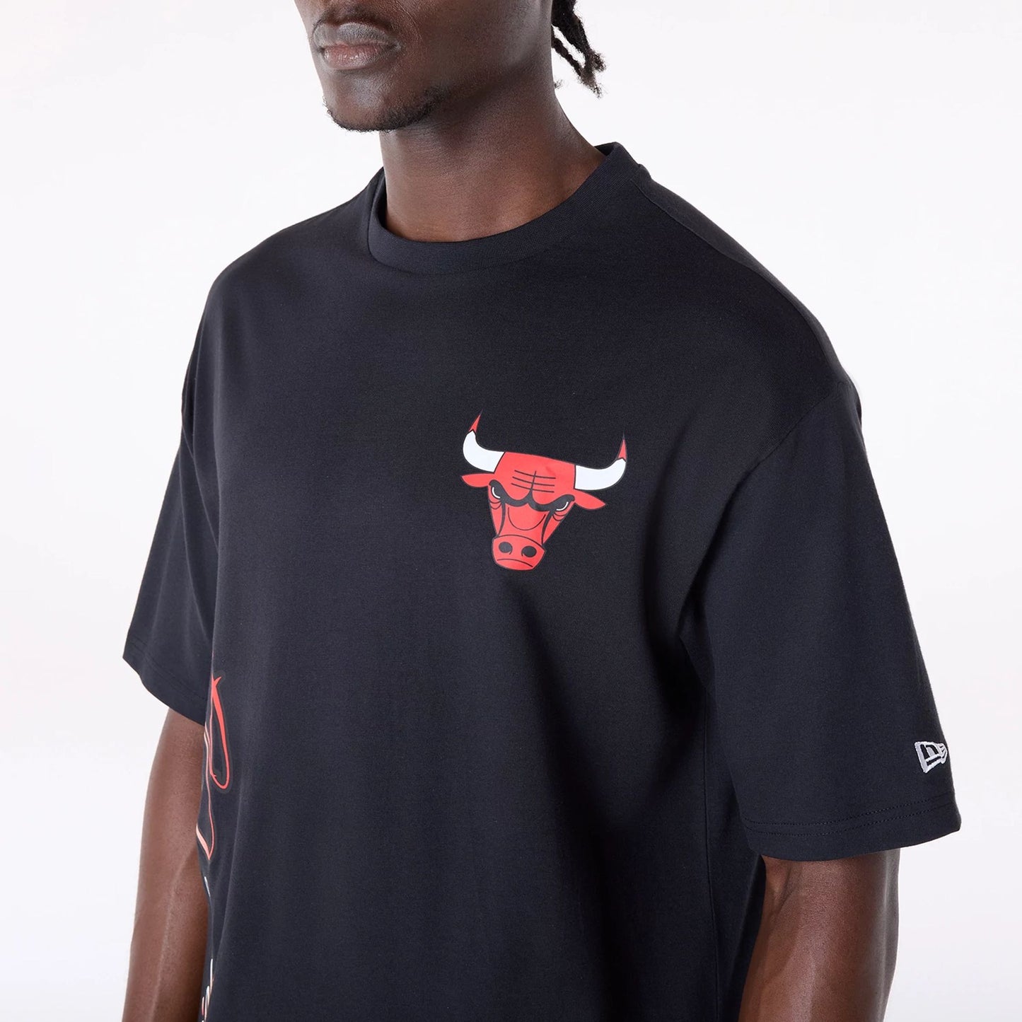 The Male model is wearing Chicago Bulls NBA Font Graphic Black T-Shirt 6