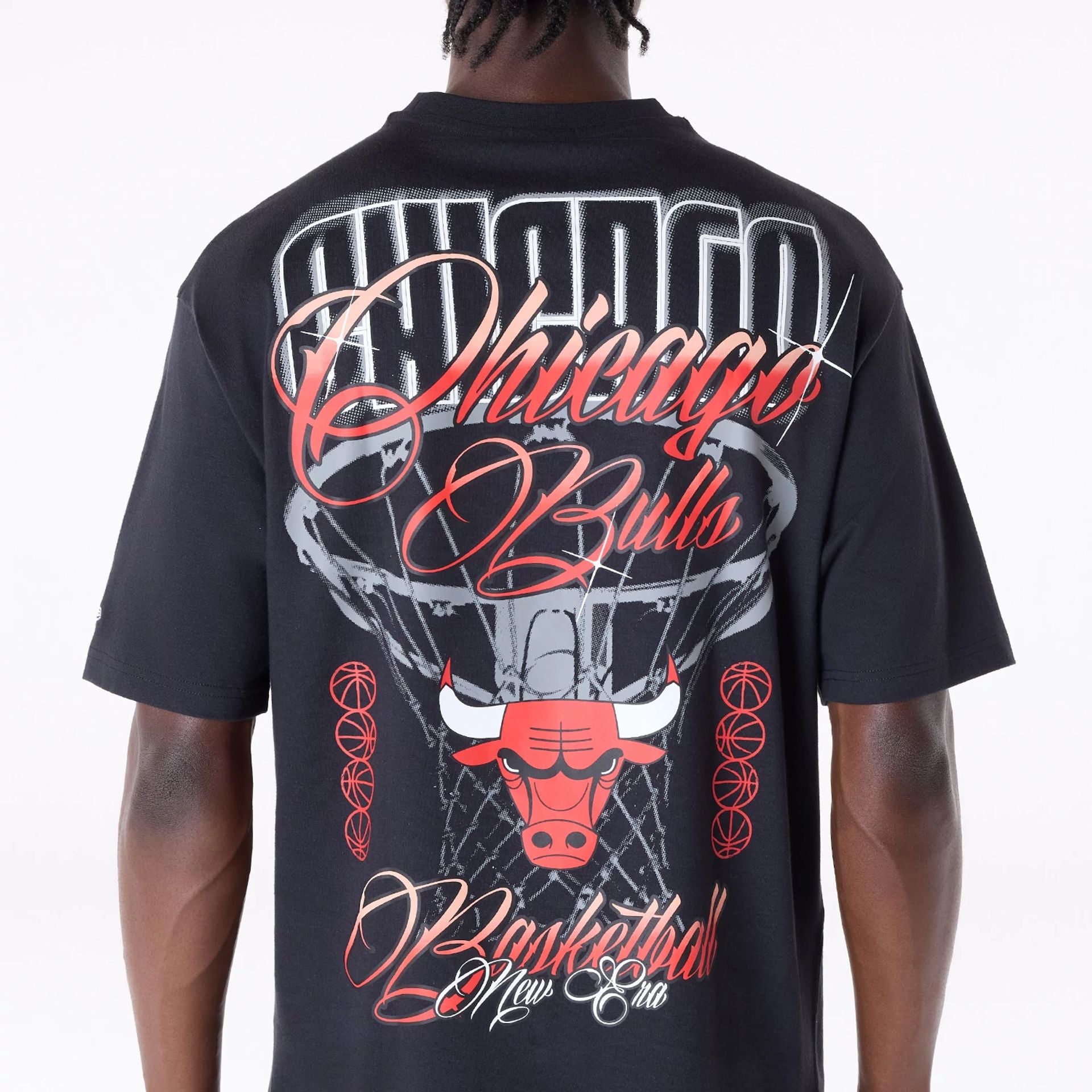 The Male model is wearing Chicago Bulls NBA Font Graphic Black T-Shirt 5