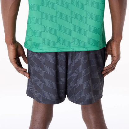 The Male model is wearing Boston Celtics NBA All Over Print Graphic Black Shorts 5