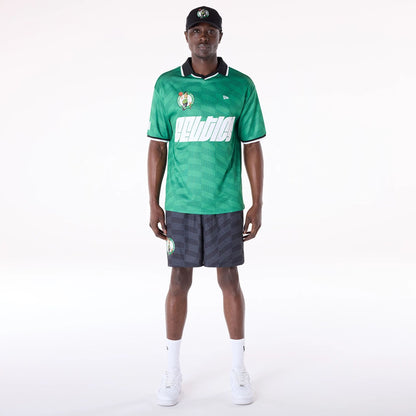 The Male model is wearing Boston Celtics NBA All Over Print Graphic Black Shorts 6