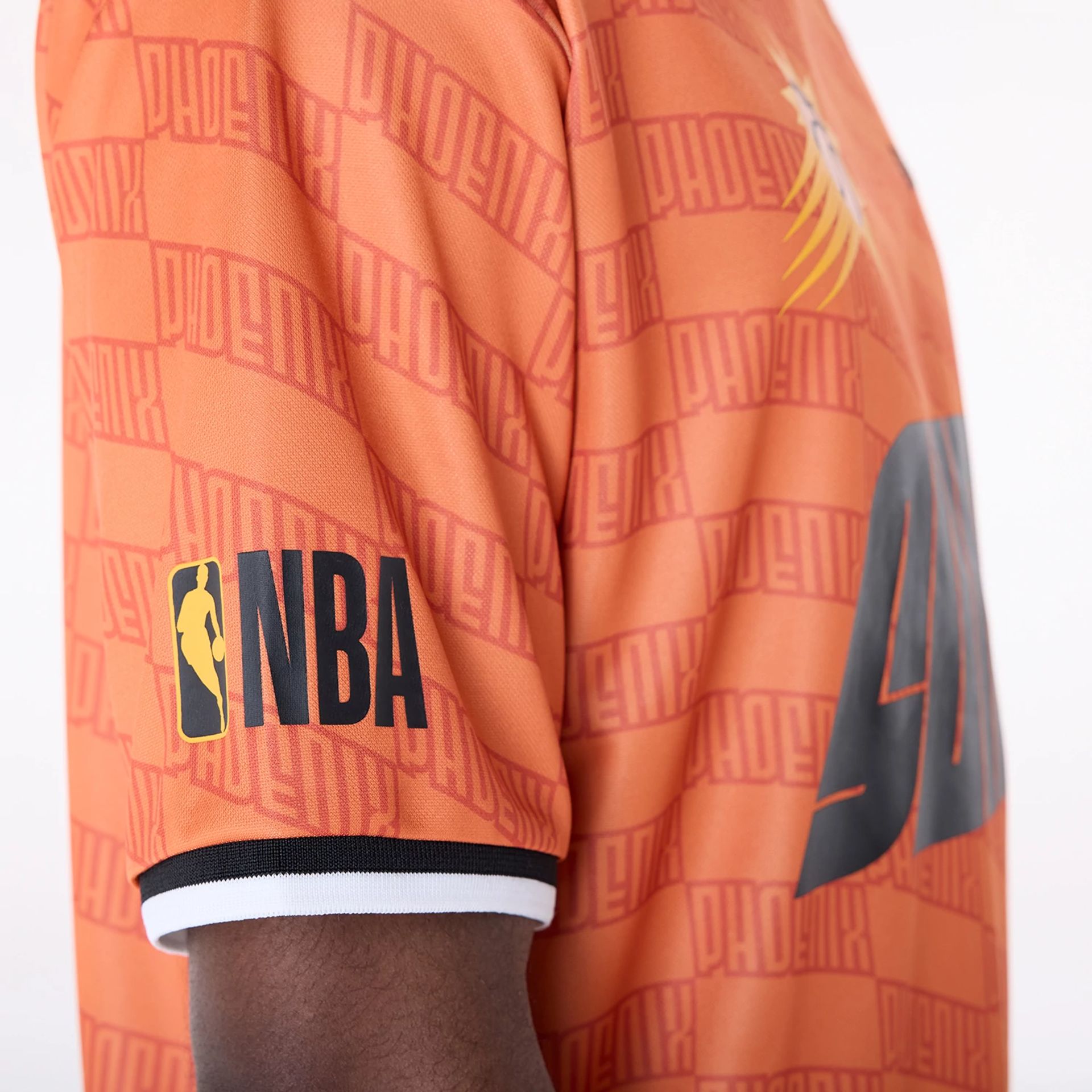 The Male model is wearing Phoenix Suns NBA Soccer Med Orange Oversized T-Shirt 6