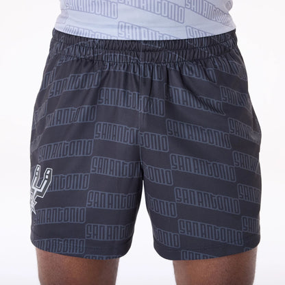 The Male model is wearing San Antonio Spurs NBA All Over Print Graphic Black Shorts 7