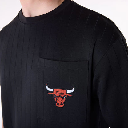 The Male model is wearing Chicago Bulls NBA Pinstripe Black Oversized T-Shirt 3