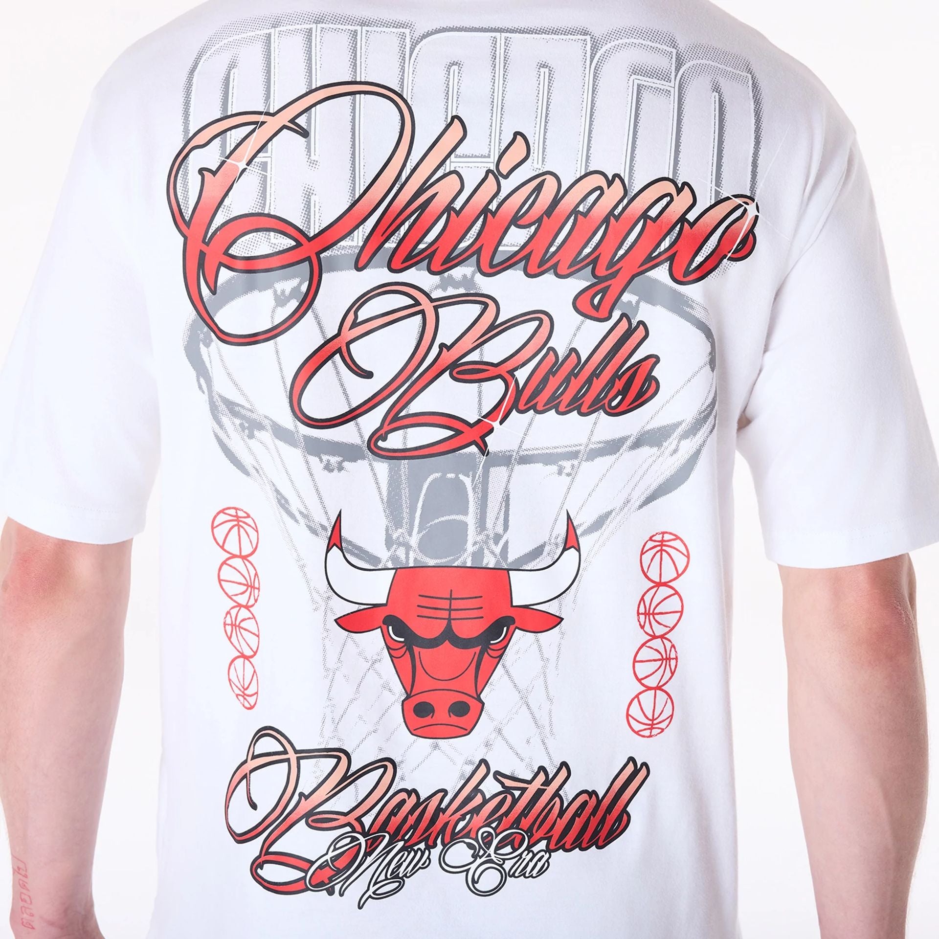 The Male model is wearing Chicago Bulls NBA Font Graphic White T-Shirt 4