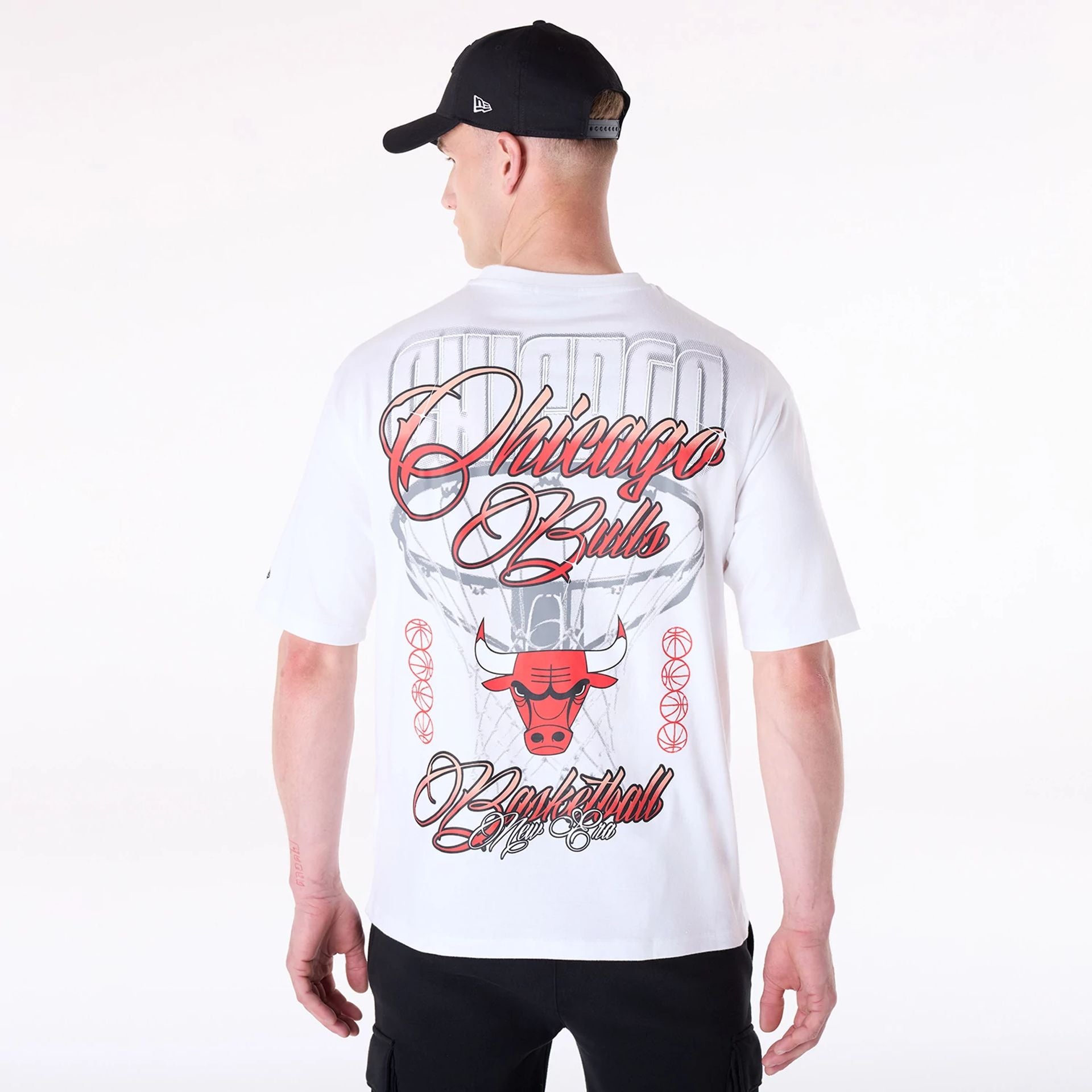 The Male model is wearing Chicago Bulls NBA Font Graphic White T-Shirt 2