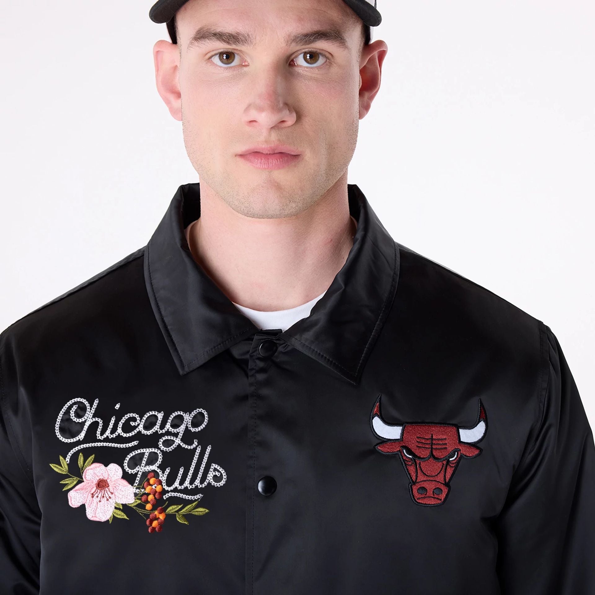 The Male model is wearing Chicago Bulls NBA Floral Black Jacket 6