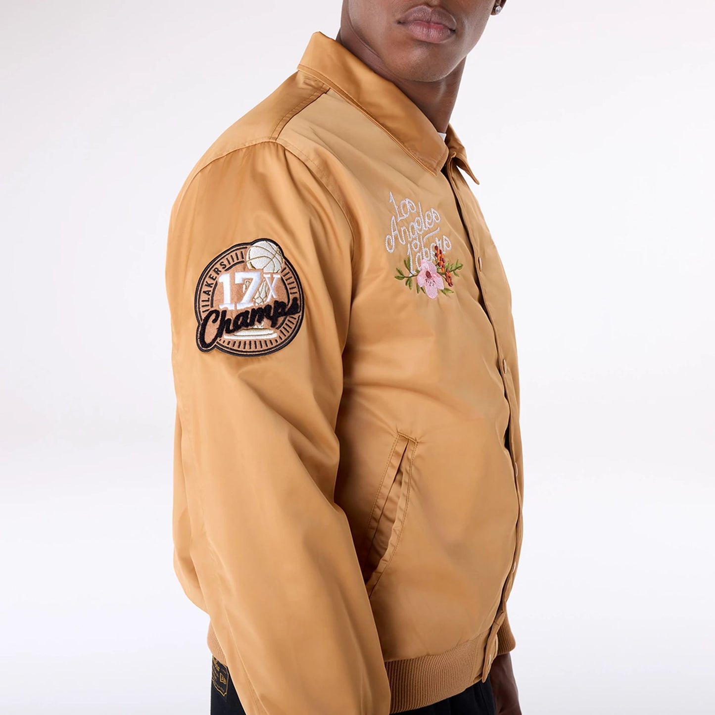 The Male model is wearing LA Lakers NBA Floral Dark Beige Jacket 7