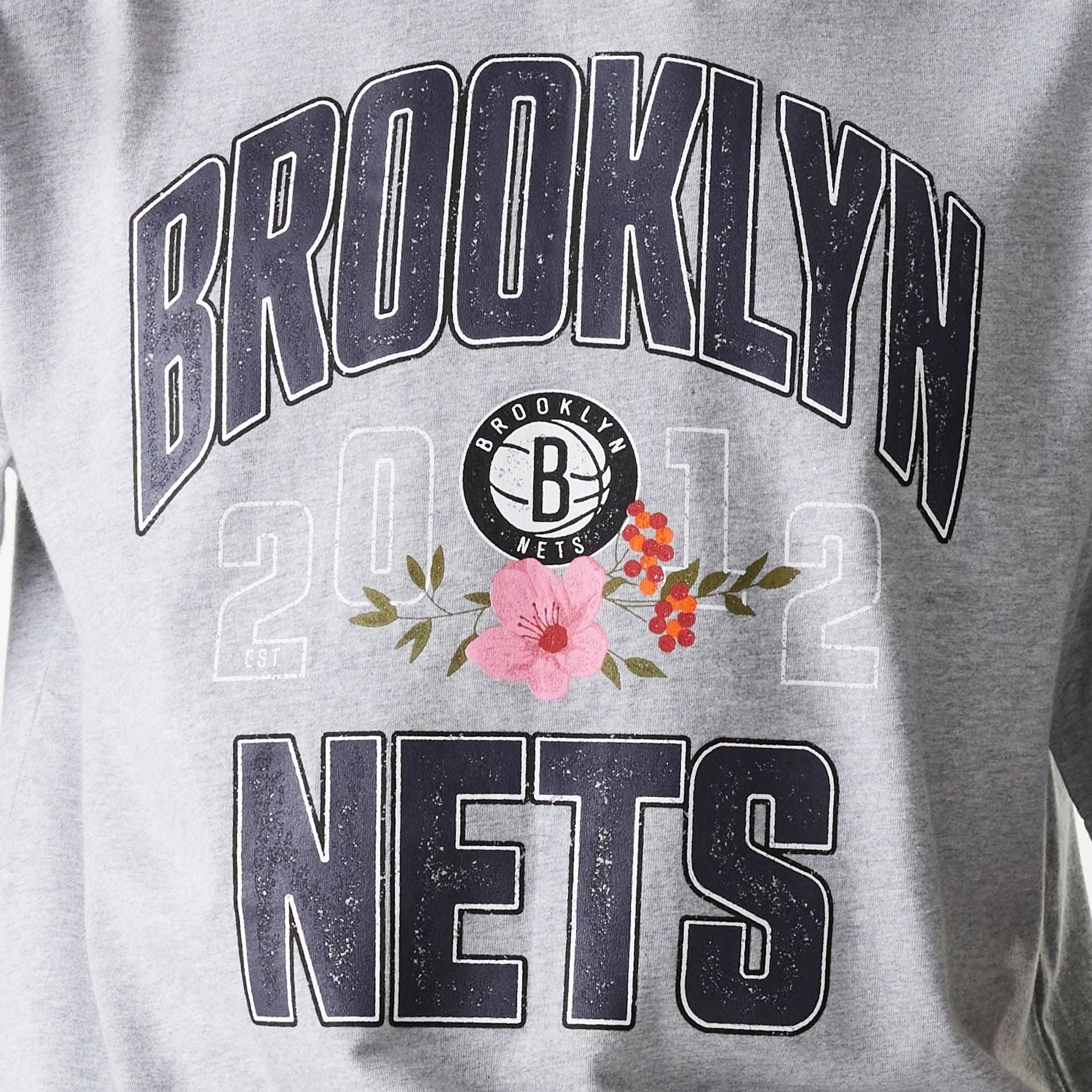 The Male model is wearing Brooklyn Nets NBA Distressed Grey Oversized T-Shirt 6