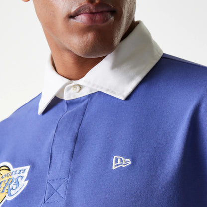 The Male model is wearing LA Lakers NBA Rugby Dark Blue Long Sleeve Polo 6