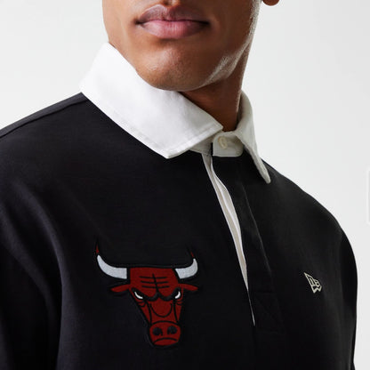 The Male model is wearing Chicago Bulls NBA Rugby Black Long Sleeve Polo 6