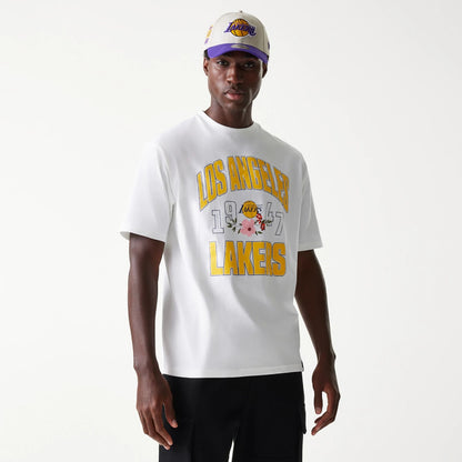 The Male model is wearing LA Lakers NBA Distressed White Oversized T-Shirt 1