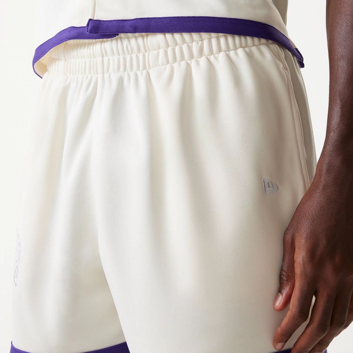 The Male model is wearing LA Lakers NBA Team Logo Open White Shorts 3