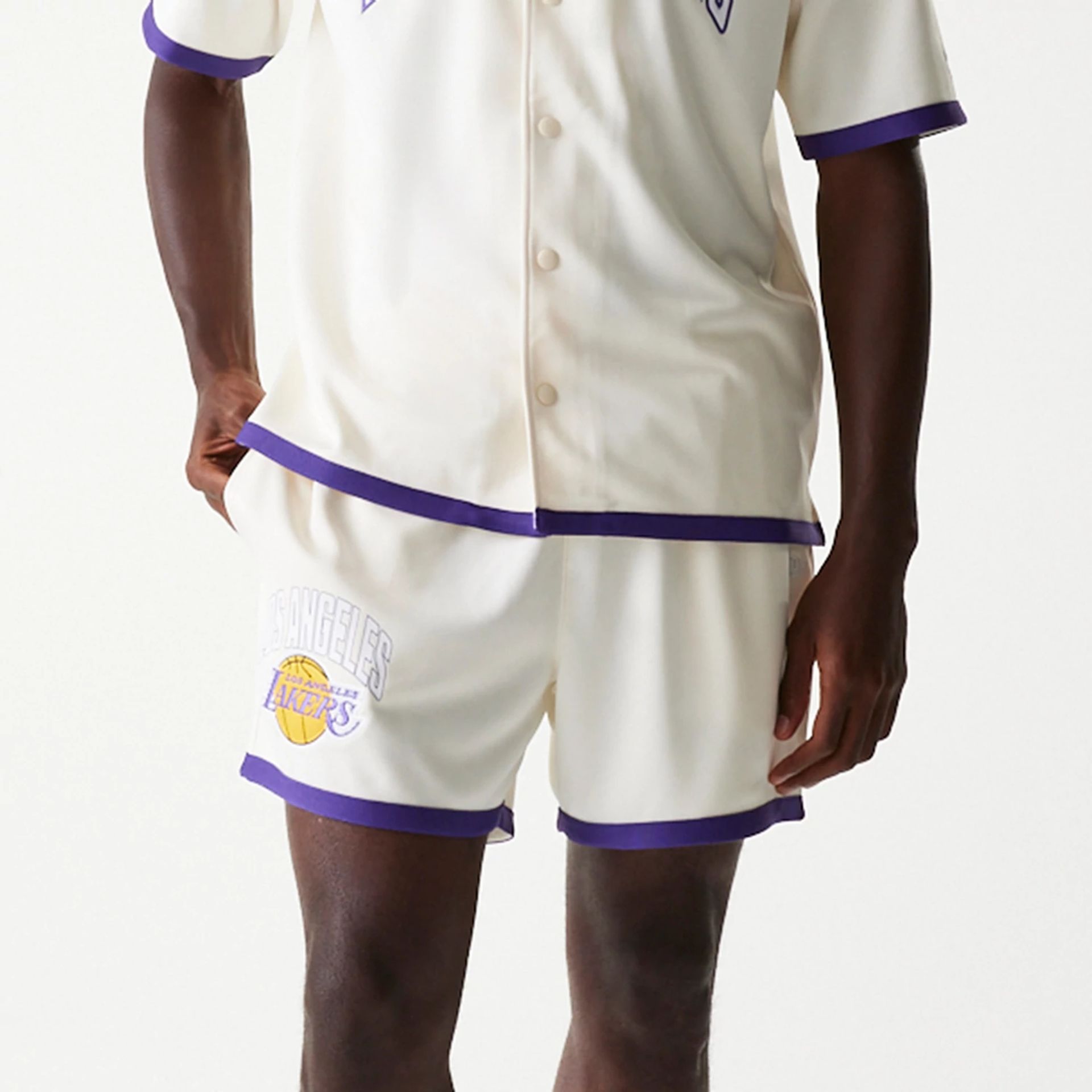 The Male model is wearing LA Lakers NBA Team Logo Open White Shorts 5