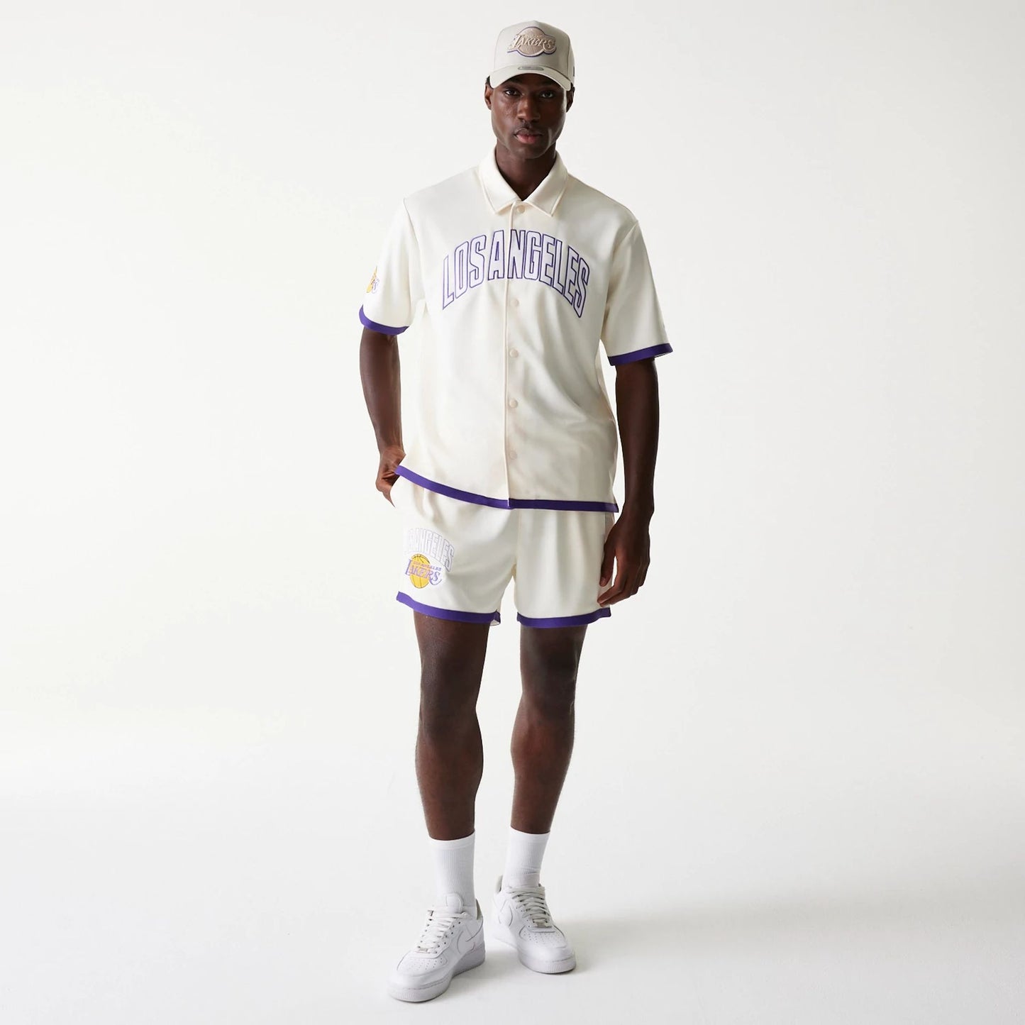 The Male model is wearing LA Lakers NBA Team Logo Open White Shorts 8