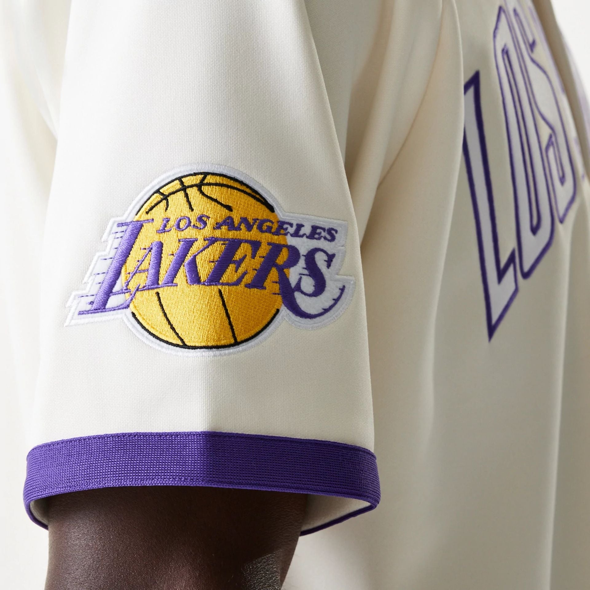 The Male model is wearing LA Lakers NBA Snap Button Open White Short Sleeve Shirt 3