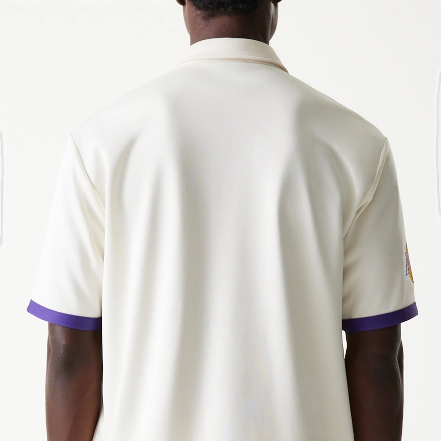 The Male model is wearing LA Lakers NBA Snap Button Open White Short Sleeve Shirt 6