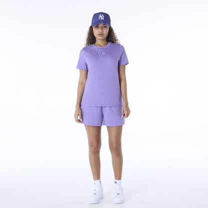 The Female model is wearing New York Yankees Womens MLB League Essential Purple T-Shirt 3