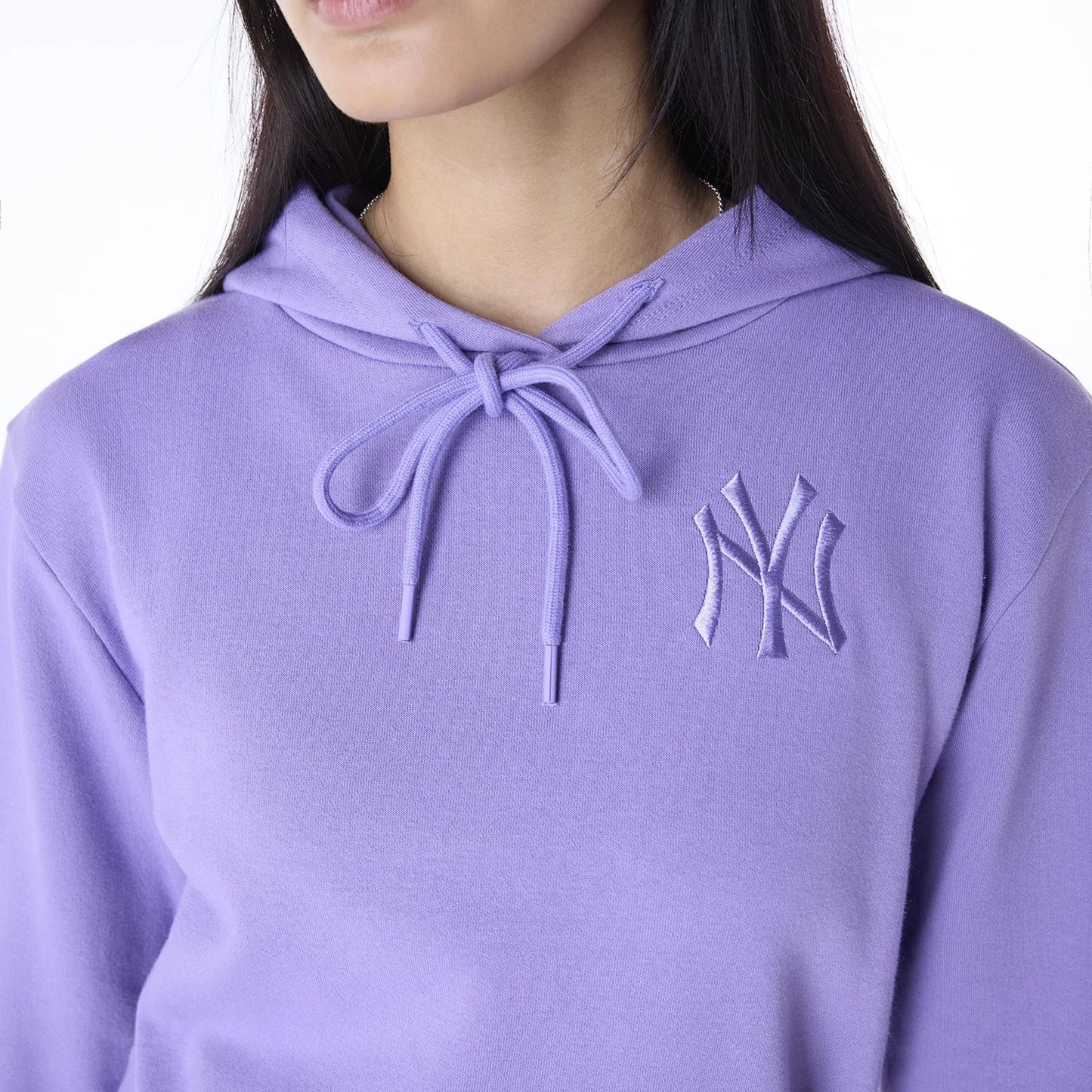 The Female model is wearing New York Yankees Womens MLB League Essential Purple Pullover Hoodie 8