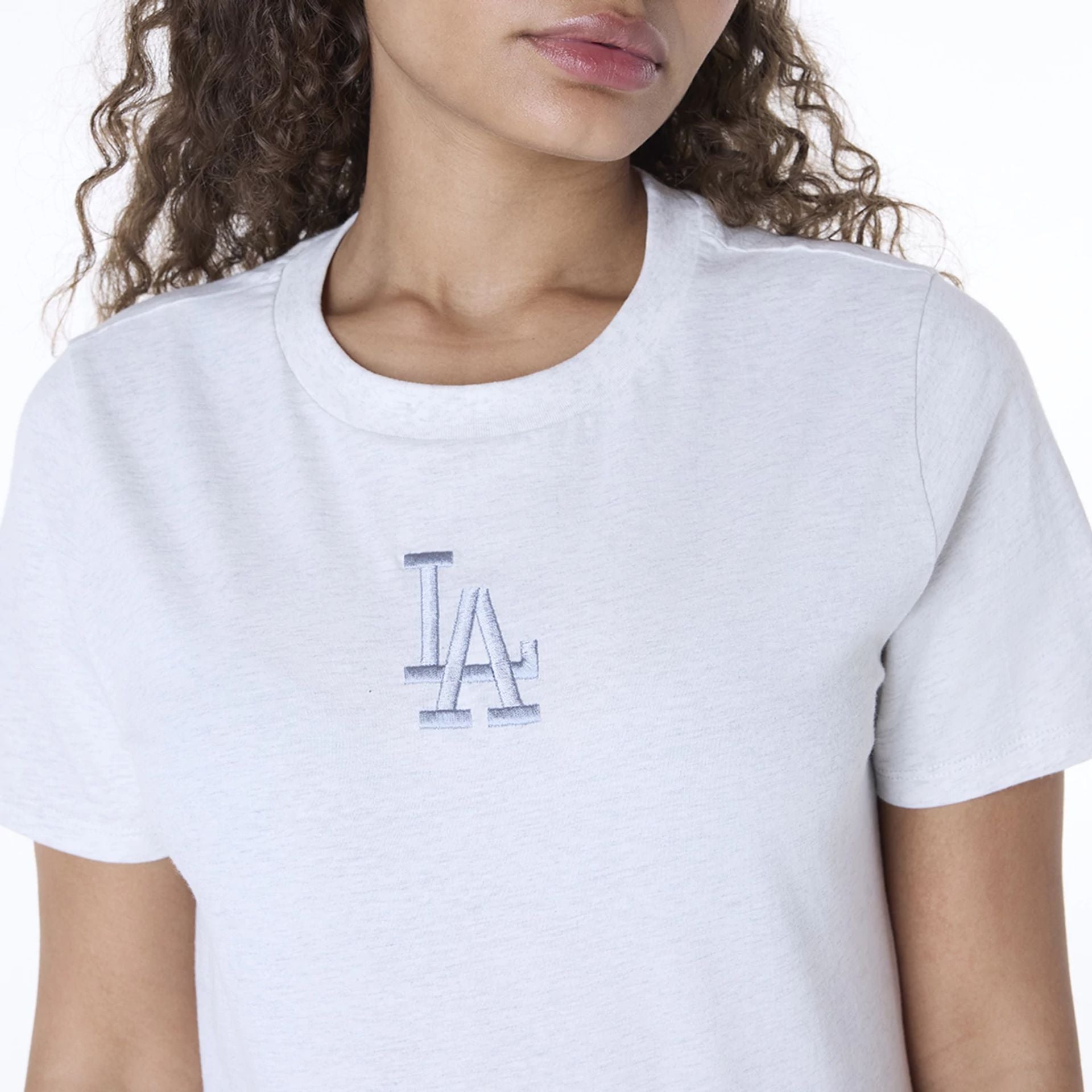 The Female model is wearing LA Dodgers Womens MLB League Essential Pastel Grey T-Shirt 8