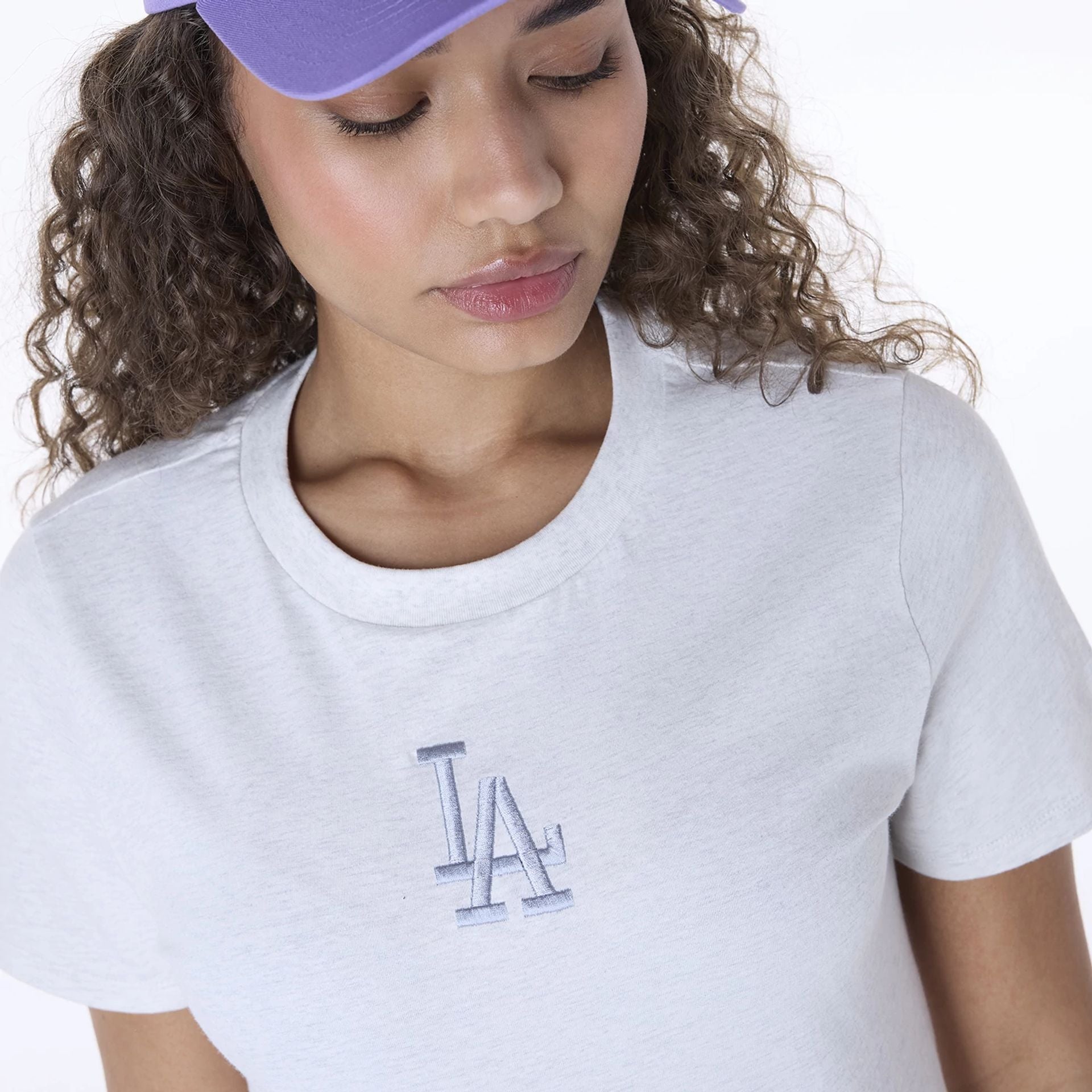 The Female model is wearing LA Dodgers Womens MLB League Essential Pastel Grey T-Shirt 6