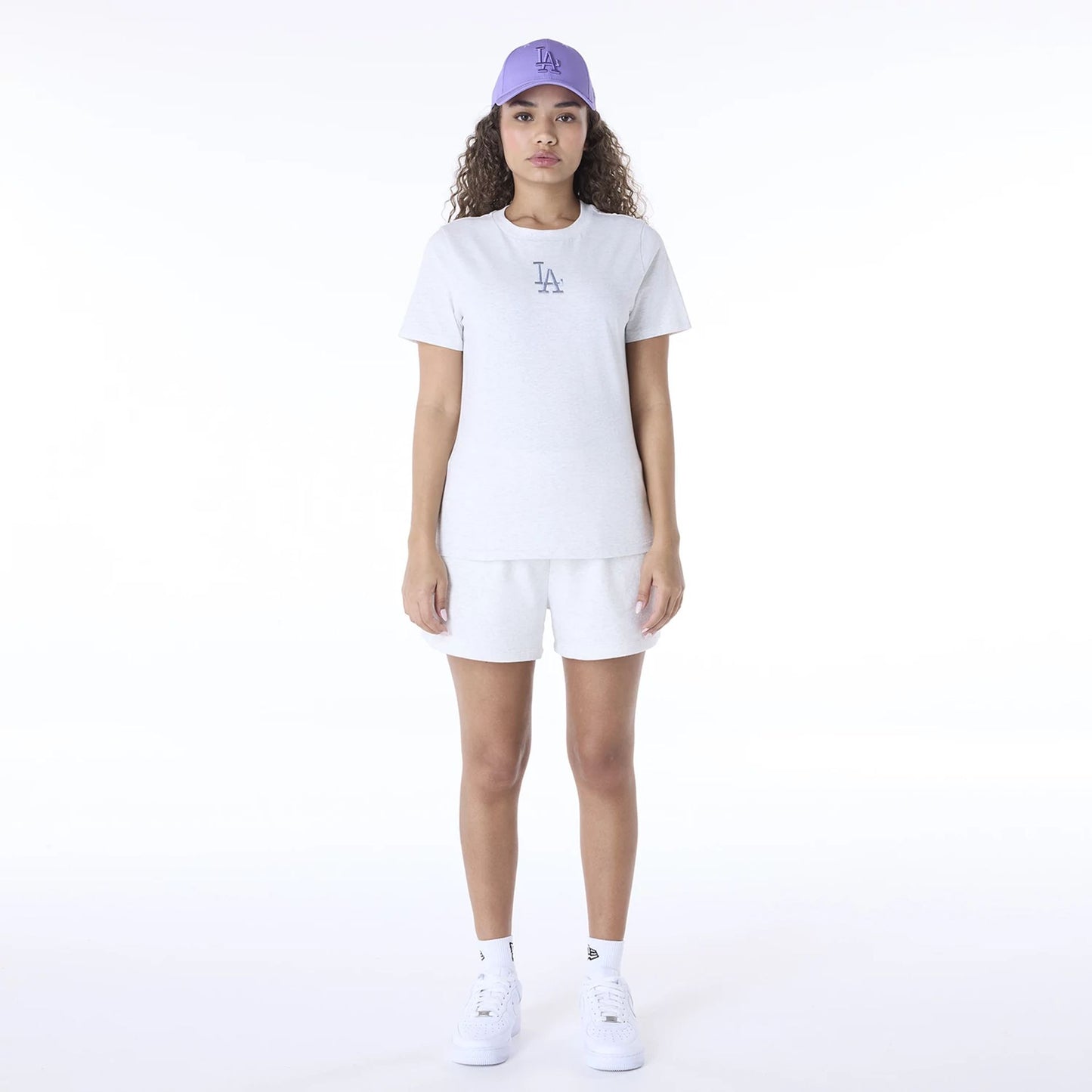 The Female model is wearing LA Dodgers Womens MLB League Essential Pastel Grey T-Shirt 3