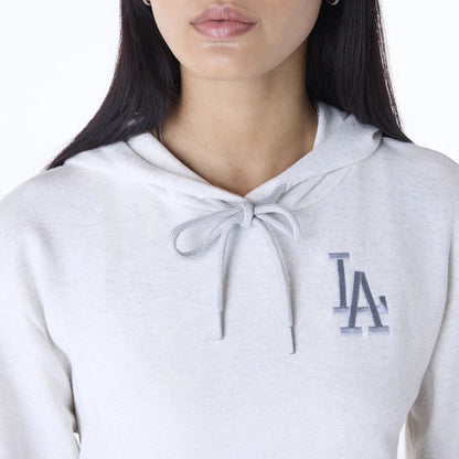 The Female model is wearing LA Dodgers Womens MLB League Essential White Pullover Hoodie 7