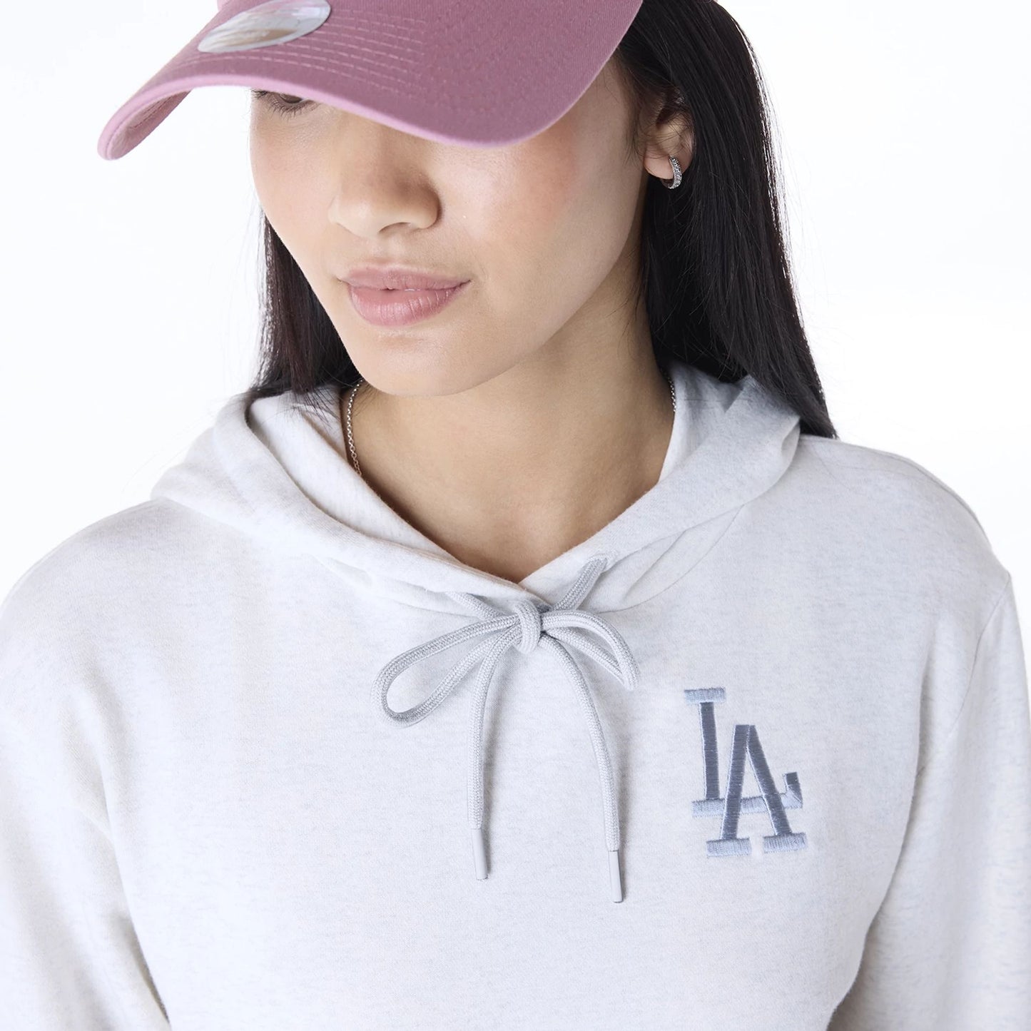 The Female model is wearing LA Dodgers Womens MLB League Essential White Pullover Hoodie 6