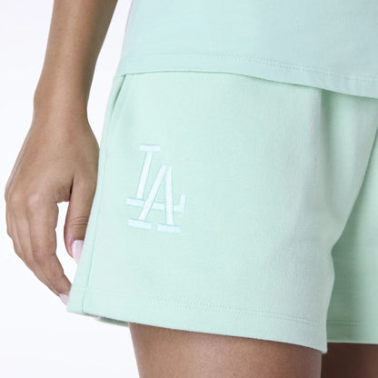 The Female model is wearing LA Dodgers Womens MLB League Essential Pastel Green Shorts 4