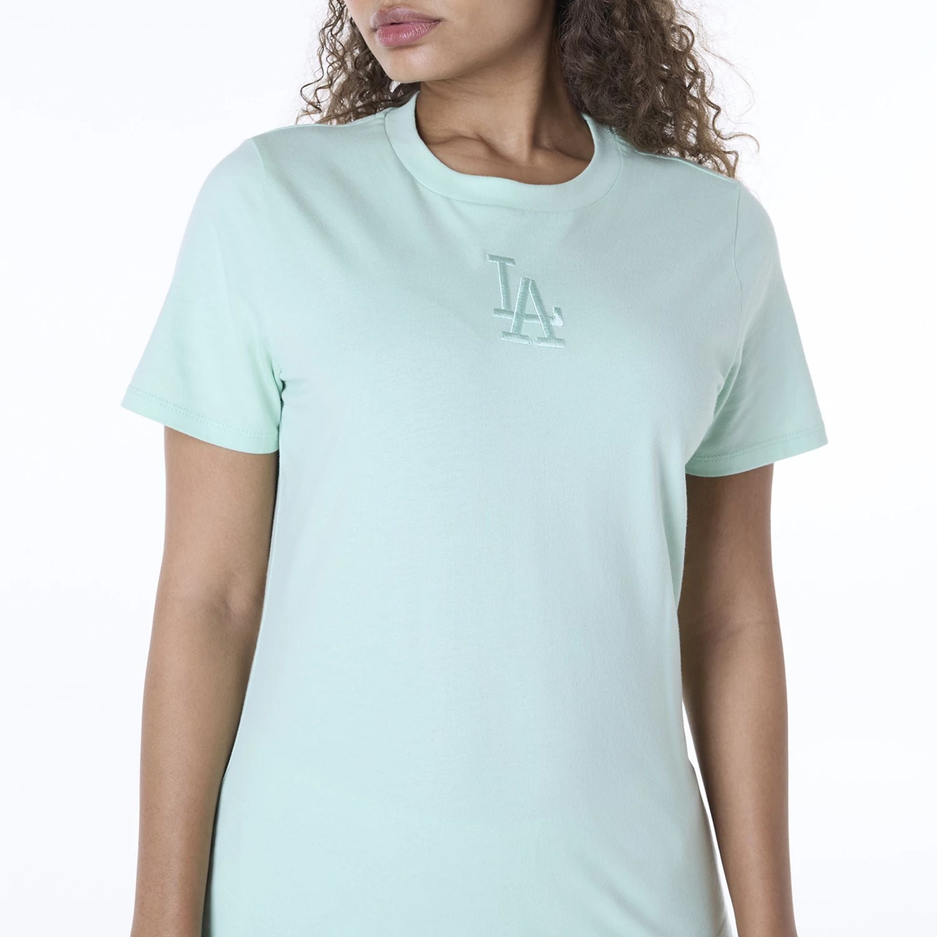 The Female model is wearing LA Dodgers Womens MLB League Essential Pastel Green T-Shirt 8