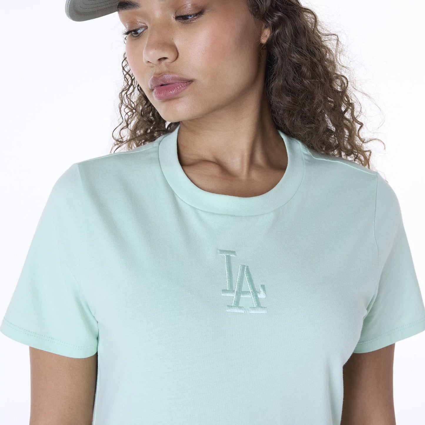 The Female model is wearing LA Dodgers Womens MLB League Essential Pastel Green T-Shirt 6