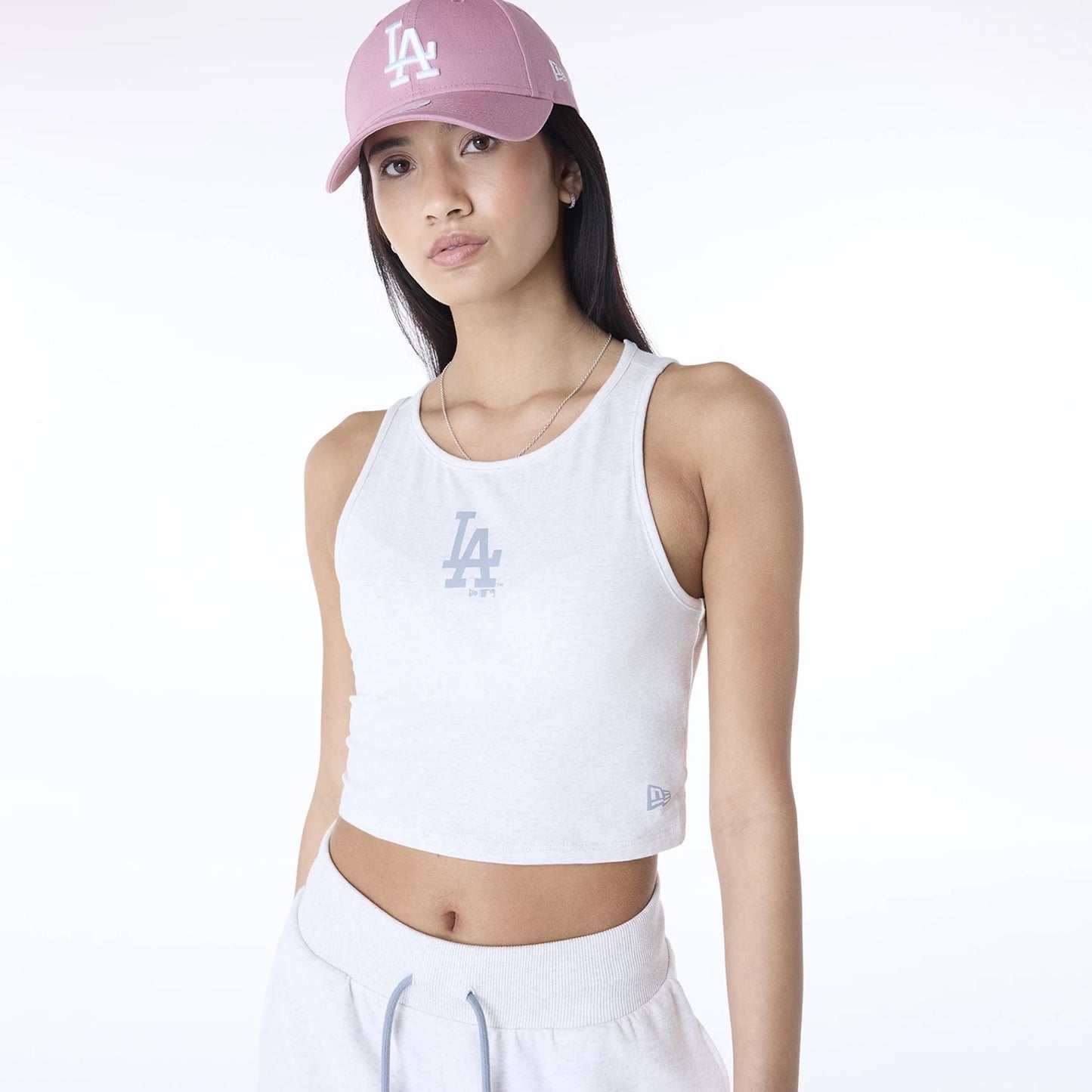 The Female model is wearing LA Dodgers Womens MLB League Essential Pastel Grey Vest 2