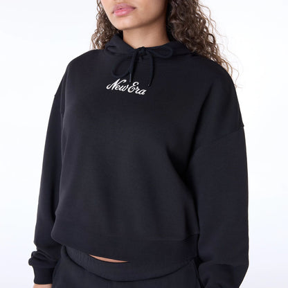 The Female model is wearing Womens New Era Script Black Pullover Hoodie 2