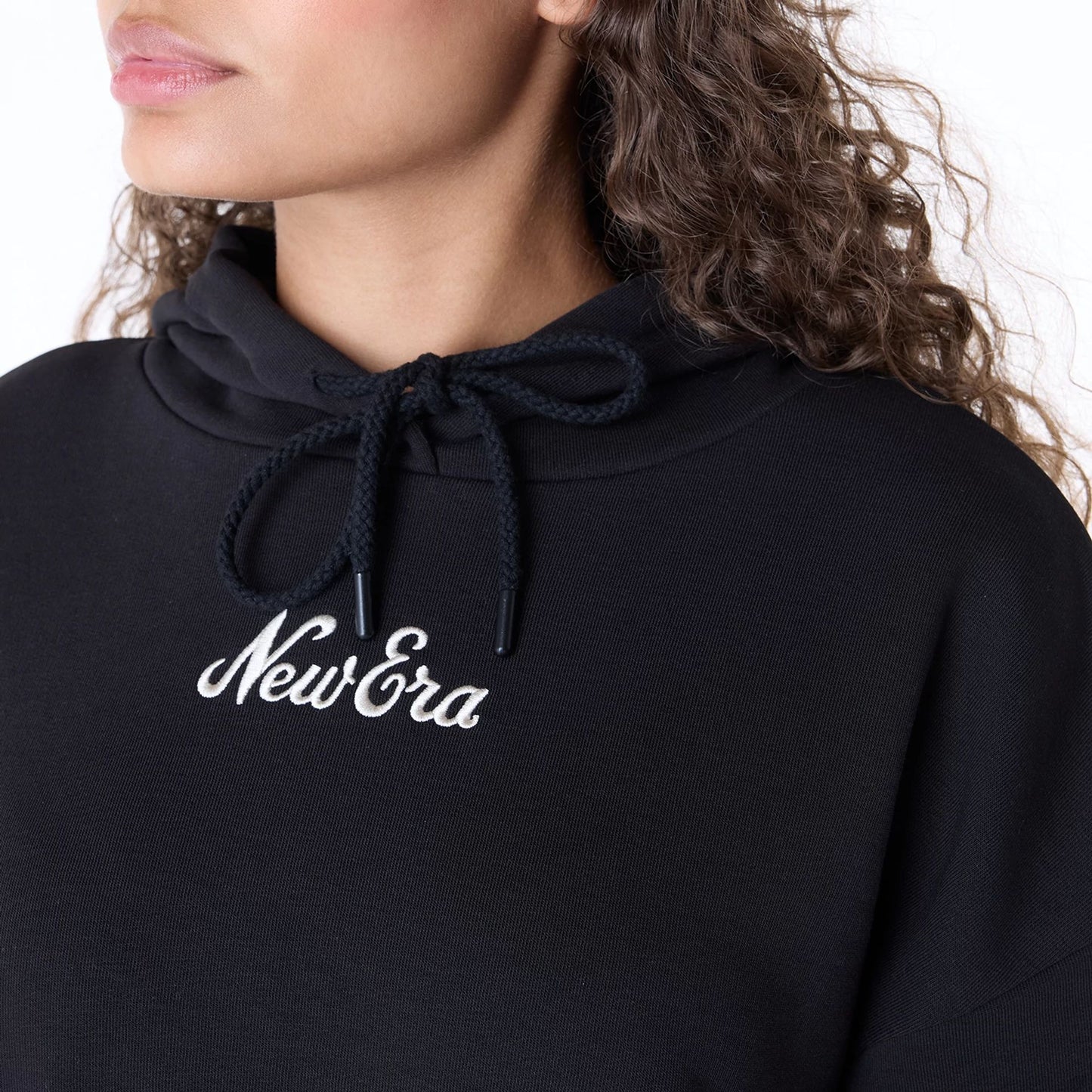 The Female model is wearing Womens New Era Script Black Pullover Hoodie 3