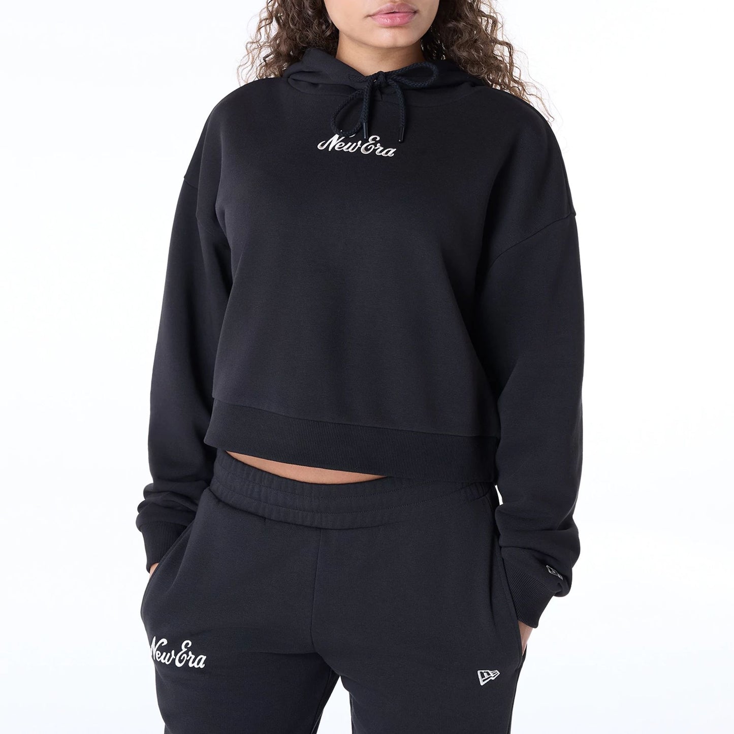 The Female model is wearing Womens New Era Script Black Pullover Hoodie 5