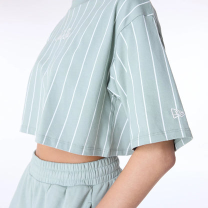 The Female model is wearing Womens New Era Pinstripe Pastel Green T-Shirt 4