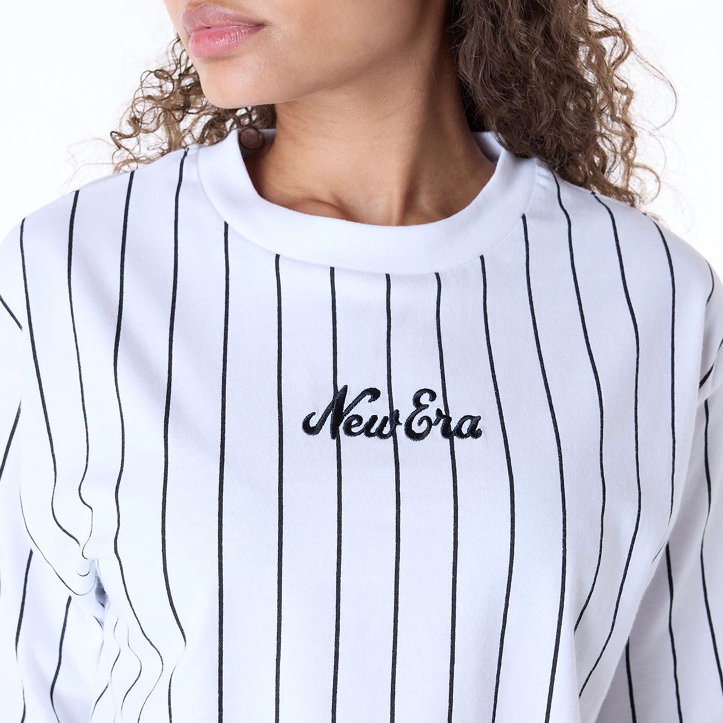 The Female model is wearing Womens New Era Pinstripe White T-Shirt 3